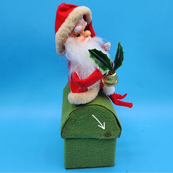 Santa Claus On Rooftop Green Felt Box Ornament Holly Gold Bell & Foil Accents v2 - Picture 7 of 10